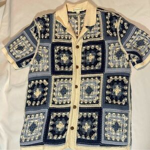 Morse Code Men’s Cream and Blue Crochet Button-Up Shirt